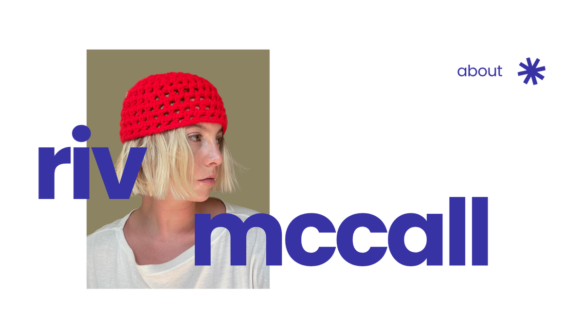 Rivers McCall — brand strategist and social media strategist, portrait wearing a handmade red crochet beanie, "about" section header