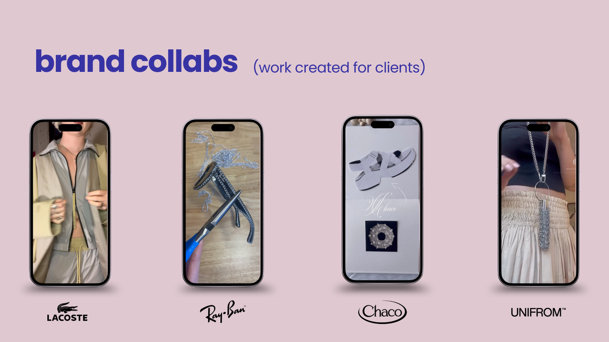 Brand collaboration work created for Lacoste, Ray-Ban, Chaco, and Unifrom, shown as four mobile phone screenshots of branded content.