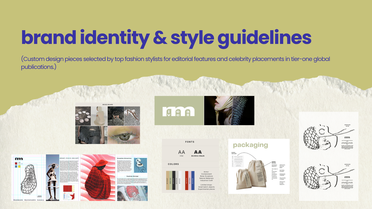 Rivers McCall brand identity and style guidelines: moodboards, logo lockup, typography (Inter and Archivo Black), a color palette themed around armor, containment, and industrial materials, packaging design with muslin drawstring bags, and line-art illustrations of a handmade chain bag.