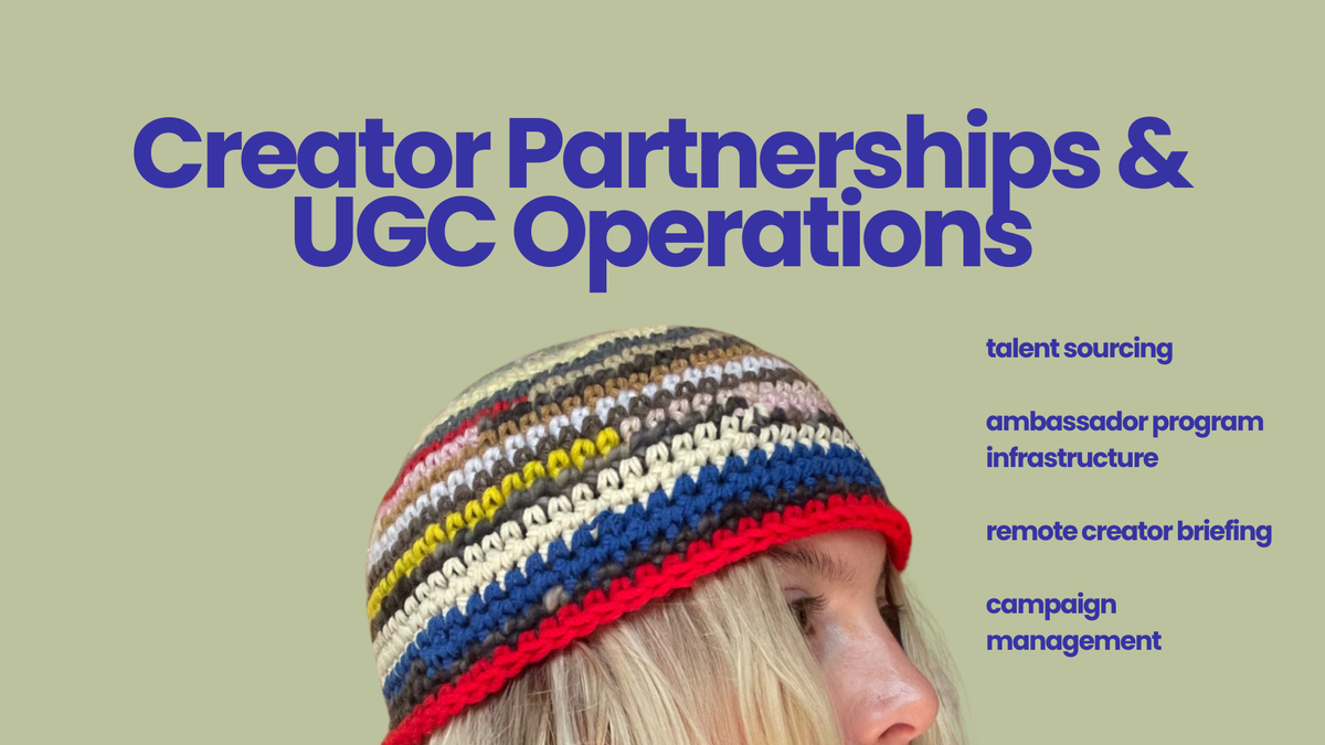 Creator Partnerships & UGC Operations service page listing talent sourcing, ambassador program infrastructure, remote creator briefing, and campaign management, with a photo of a multicolor striped crochet beanie.
