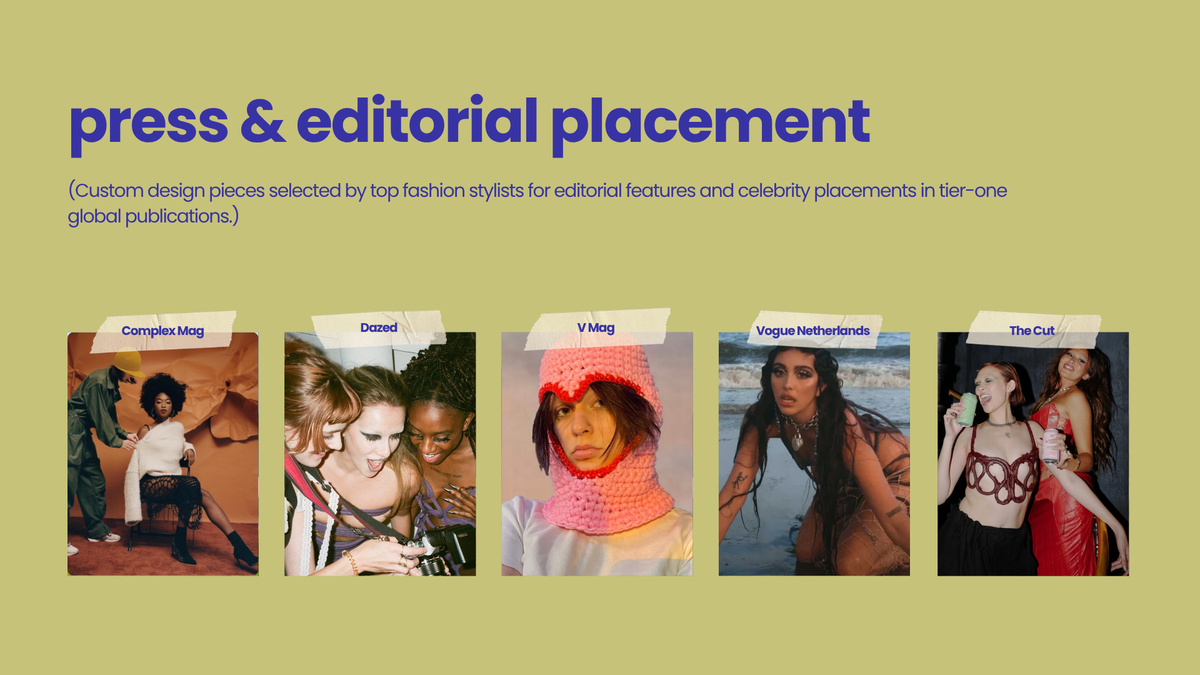 Press and editorial placement highlights: custom design pieces featured in Complex Mag, Dazed, V Mag, Vogue Netherlands, and The Cut, shown as five tearsheet images including a pink heart-shaped crochet balaclava.