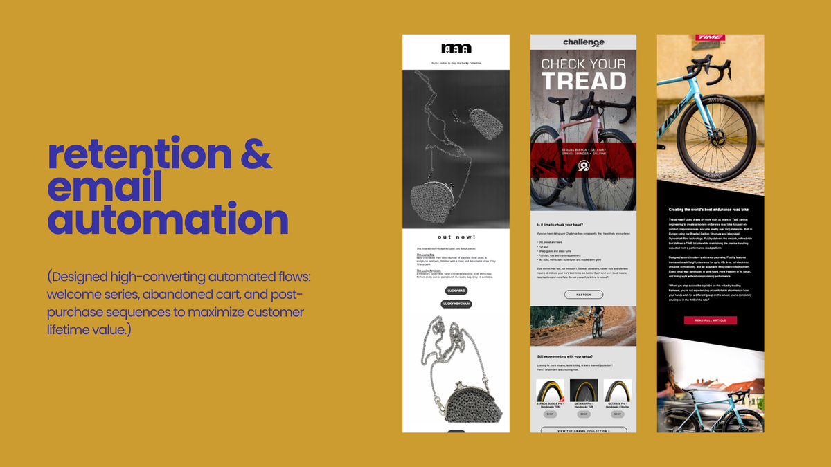 Retention and email automation work: high-converting automated flows including welcome series, abandoned cart, and post-purchase sequences, shown as three email designs for Rivers McCall's Lucky Collection, Challenge tire check reminders, and a TIME bike product email.