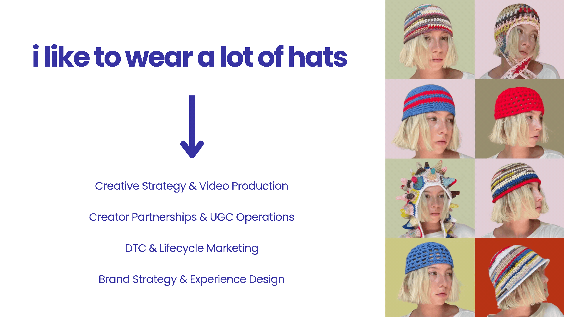 Rivers McCall services overview: Creative Strategy & Video Production, Creator Partnerships & UGC Operations, DTC & Lifecycle Marketing, Brand Strategy & Experience Design, shown alongside a grid of handmade crochet hat photos.